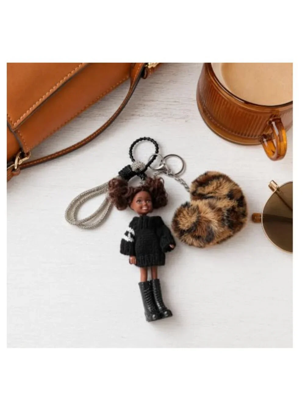 Handcrafted Doll Bag Charm Keychain with Leopard Pom Pom